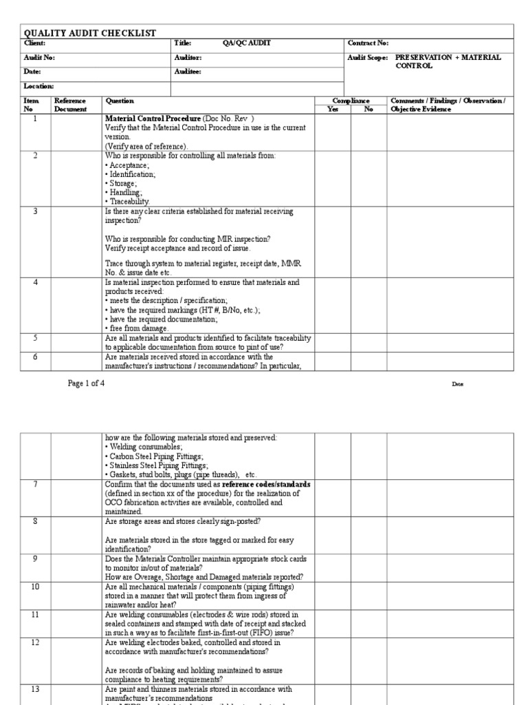 Quality Audit Checklist for Materials | PDF | Audit | Pipe (Fluid ...