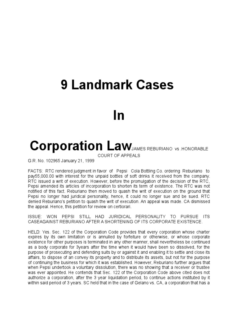 9 Landmark Cases in Commercial Law PDF Board Of Directors Lawsuit