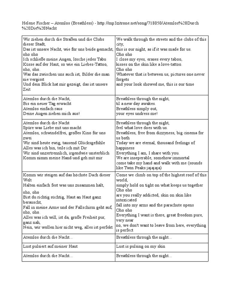 Atemlos Durch Die Nacht Songtext