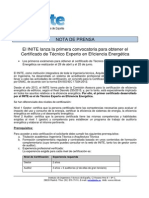 Nota de Prensa El INITE Lanza La Primera Convocatoria para Obtener El Certificado de Técnico Experto en Eficiencia Energética