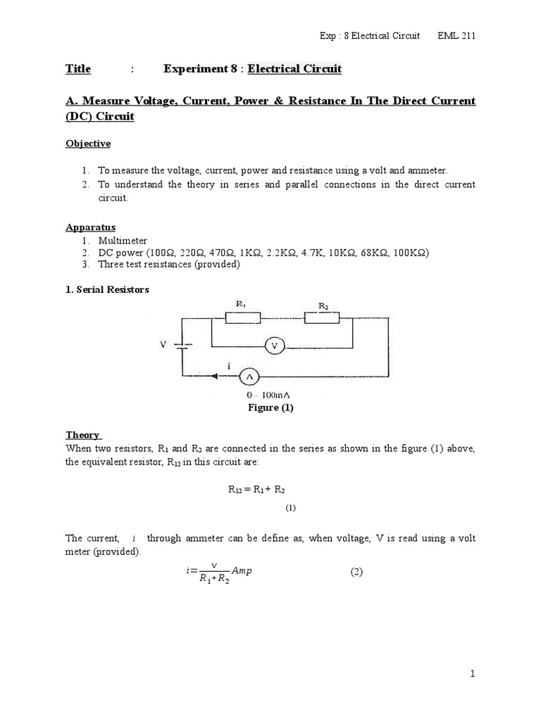 Title Experiment 8 Electrical Circuit A Measure Voltage Current