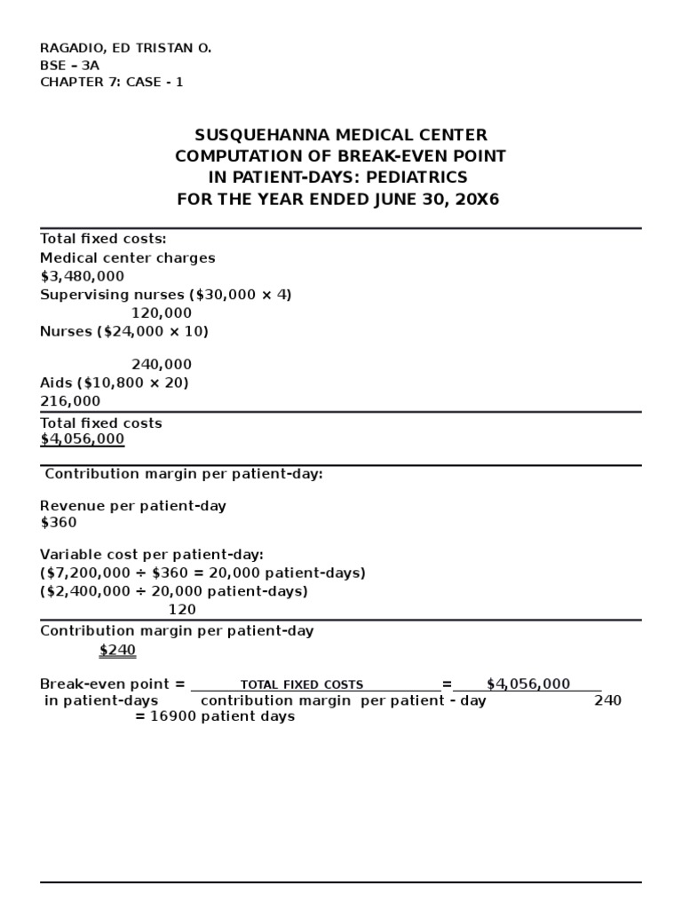 Susquehanna Medical Center Computation of BreakEven Point in Patient