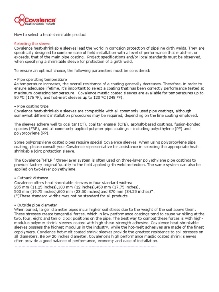 Selecting Heat-Shrinkable Sleeves Guide | PDF | Pipe (Fluid Conveyance) |  Materials
