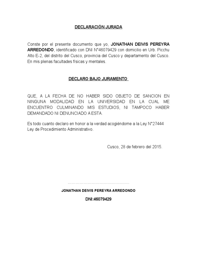 Declaracion Jurada 1 1 Pdfcarta De Declaracion Jurada Peru