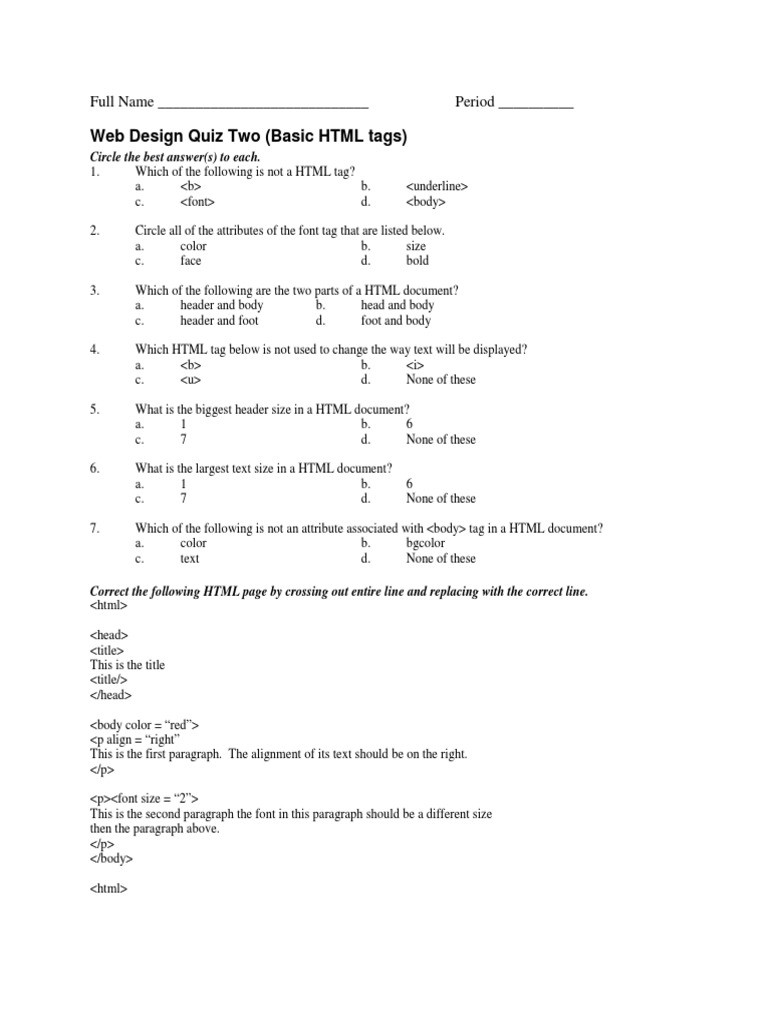 HTML Basics Quiz for Students | PDF