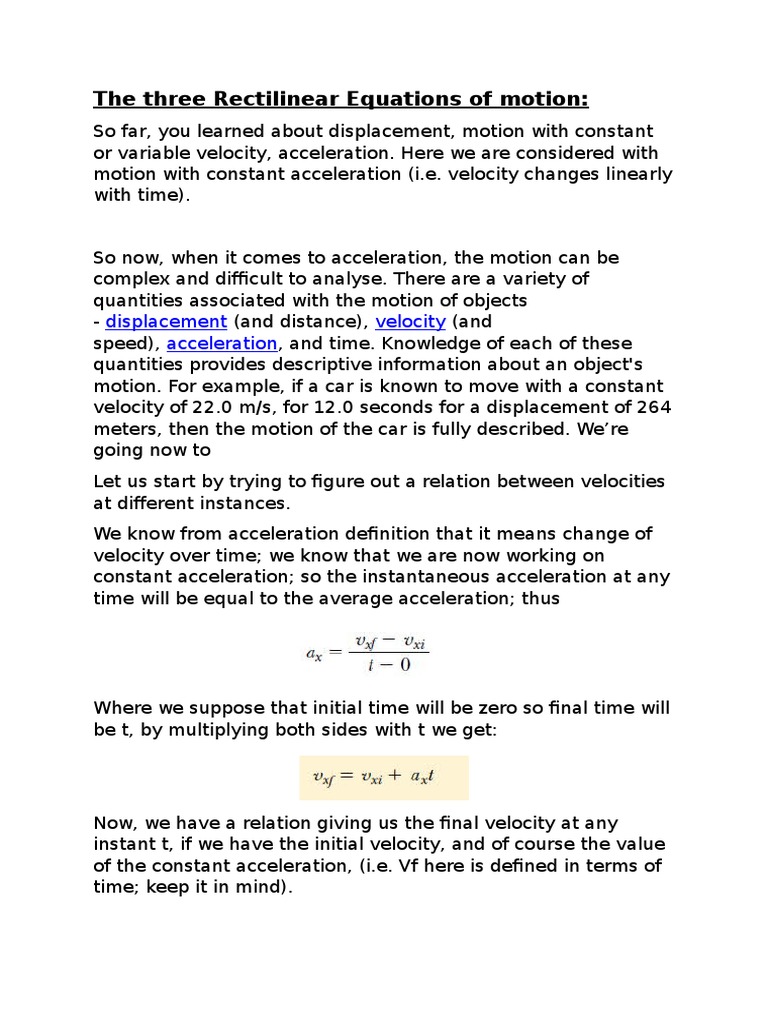 3 Rectilinear Equations For Motion PDF Velocity Acceleration