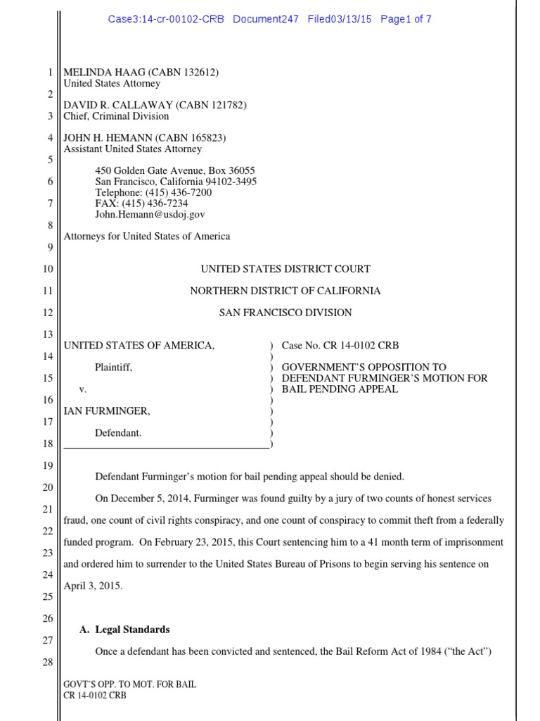 Opposition to Furminger's Bail Motion | PDF | Burden Of Proof (Law ...