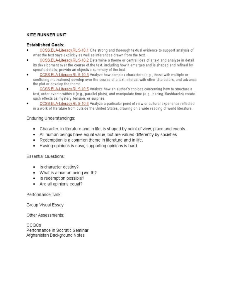 Kite Runner Unit | PDF | Language Arts & Discipline | Computers