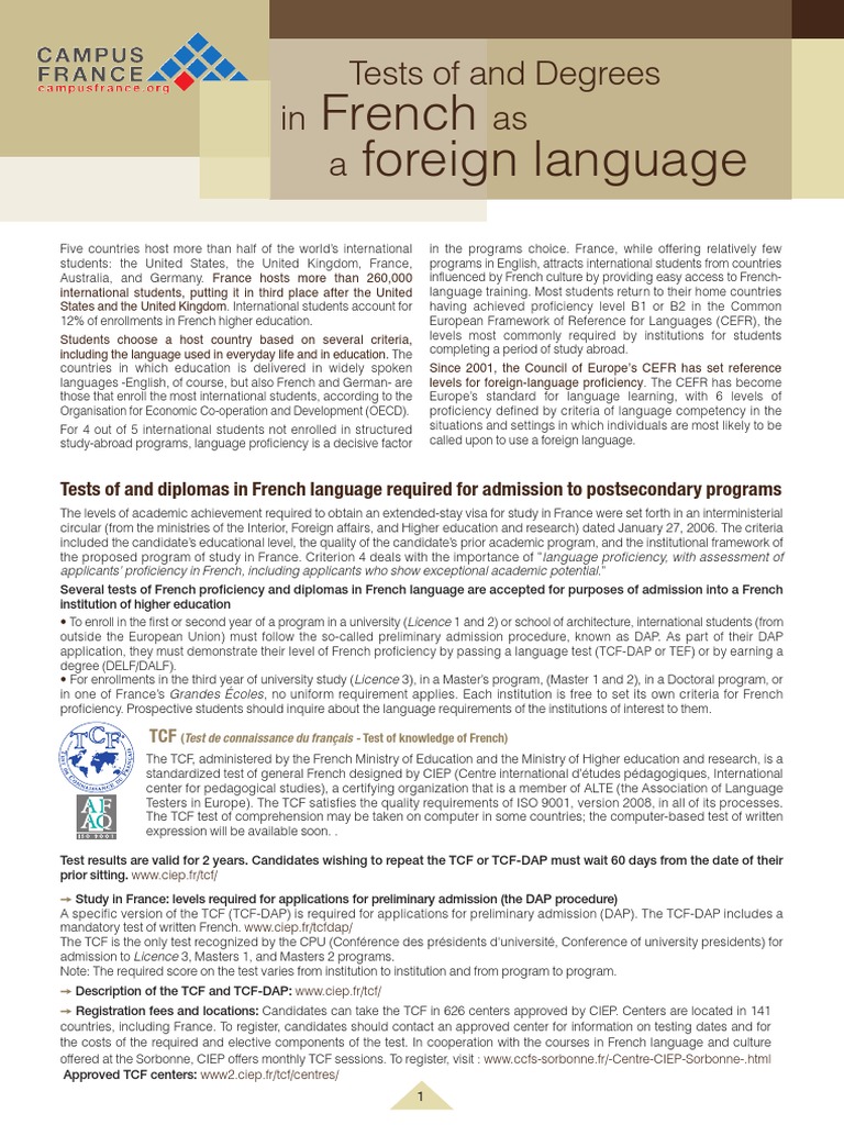 Tests of and Degrees in French As A Foreign Language PDF International Student Qualifications