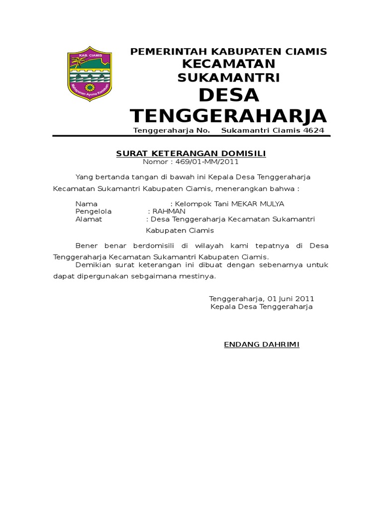 Surat Domisili Pengukuhan Kelompok Tani Mekar Mulya