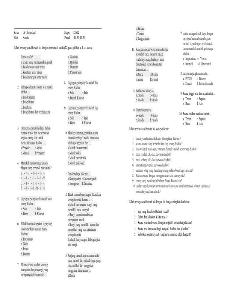 Soal Sbk Kelas 9 Uas