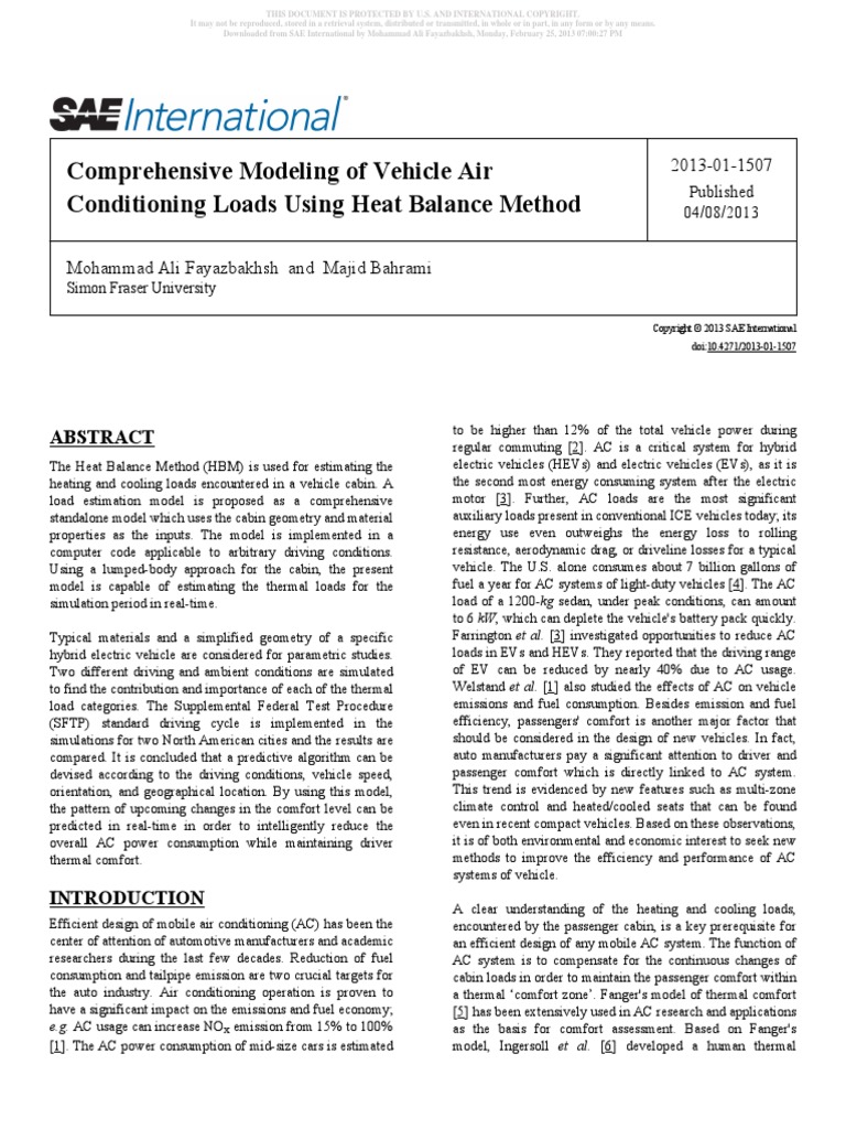 Comprehensive Modeling of Vehicle Air Conditioning Loads Using Heat ...