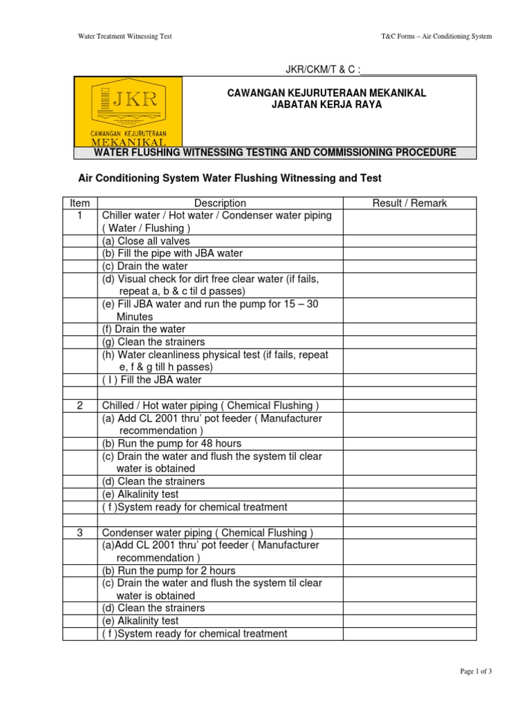 Water Flushing Witnessing and Test Water Transparent Materials