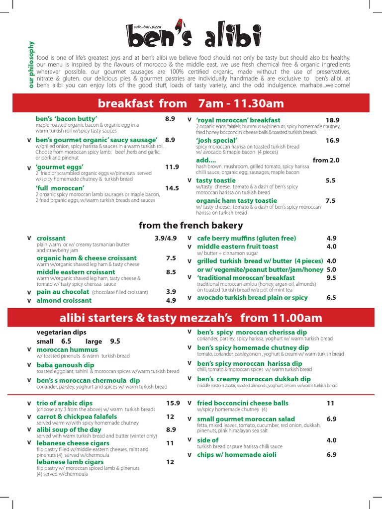 Bens Alibi Menu - 1 | PDF | Sausage | Bacon