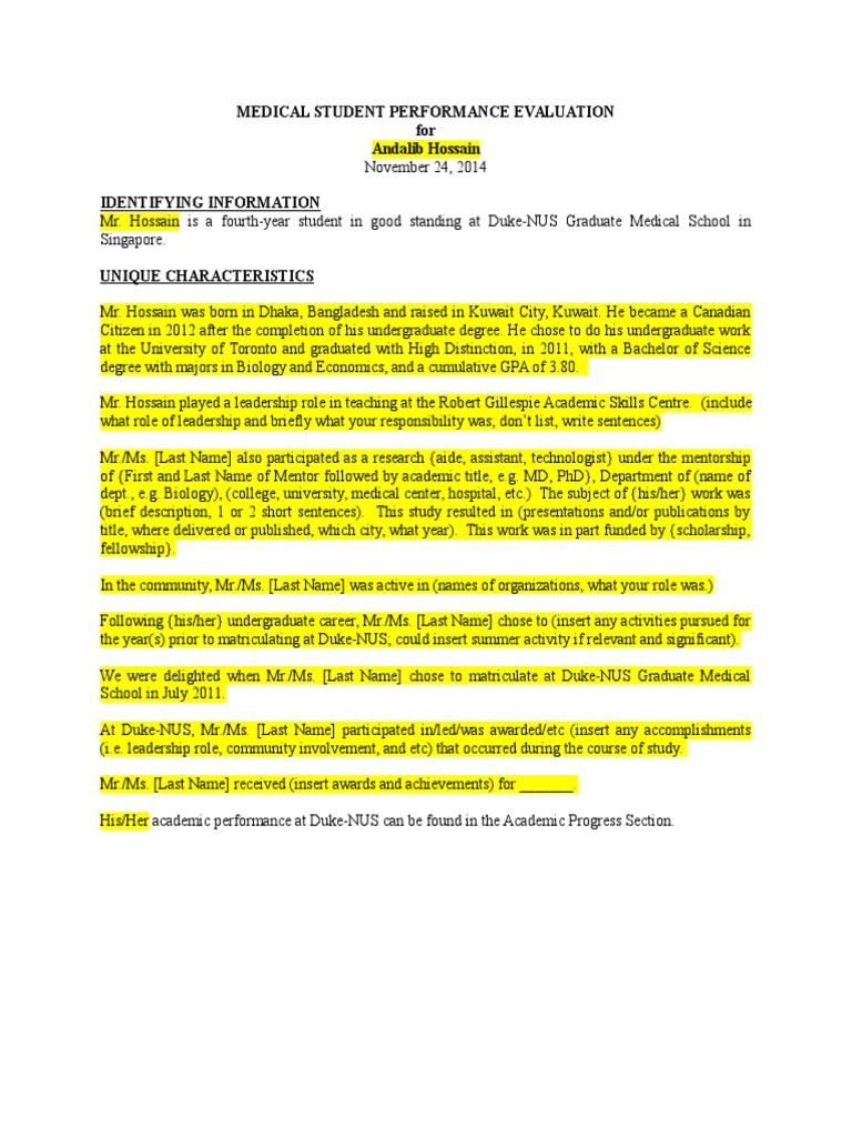 MSPE Template PDF Medical School Undergraduate Education