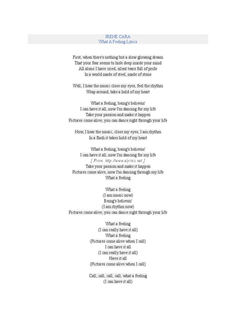 IRENE CARA - What A Feeling Lyric | PDF