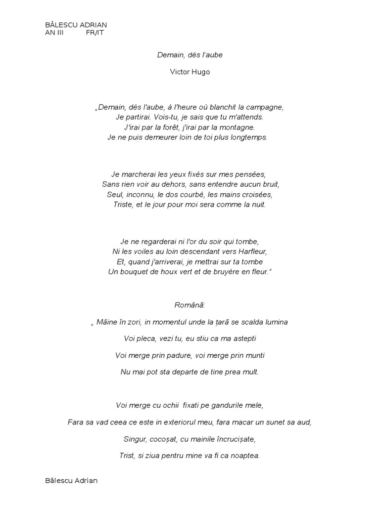 Poeme Victor Hugo Demain Des L Aube