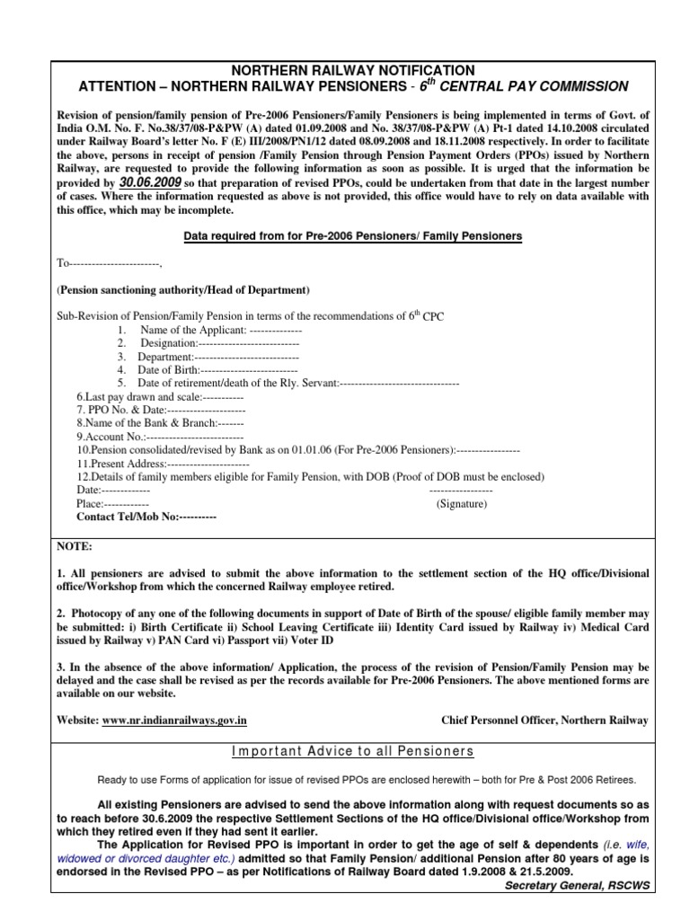 Application Form of Railways & Notification For Issue of Revised PPOs | PDF