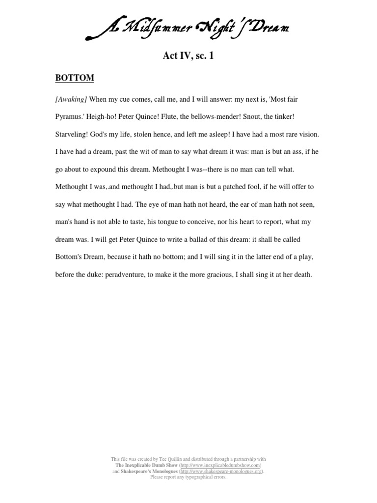 Bottom's Dream Monologue Analysis | PDF | Poetry | Young Adult, image size:768x1024