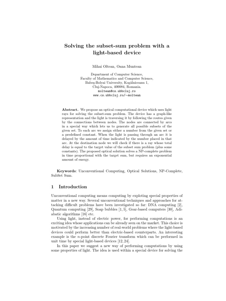 Solving The Subset-Sum Problem With A Light-Based Device | PDF