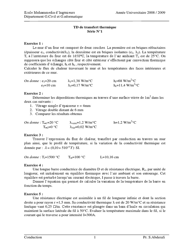 Transfert Thermique Cours Et Exercices Corrigés Pdf Série N°1-TD de Transfert Thermique PDF | PDF | Transfert thermique |  Conduction thermique