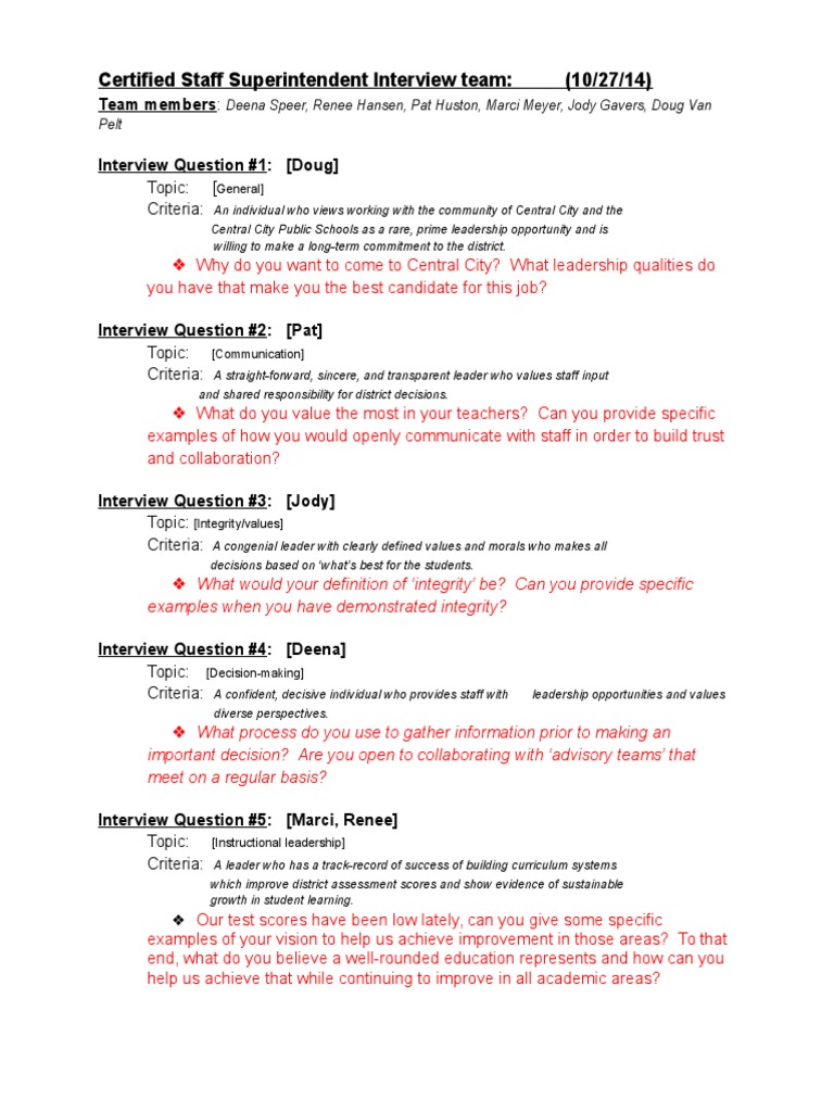Central City Superintendent Interview Questions | PDF