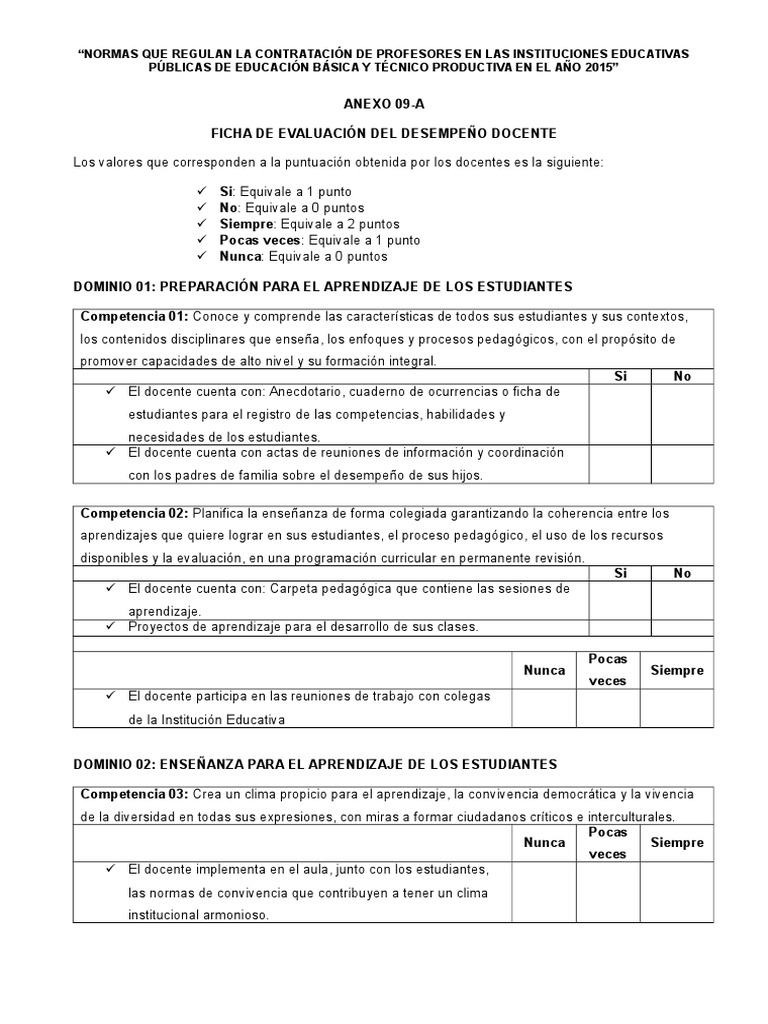 Anexo 09-A - Ficha de Evaluacion Del Desempeño Docente | PDF | Maestros ...