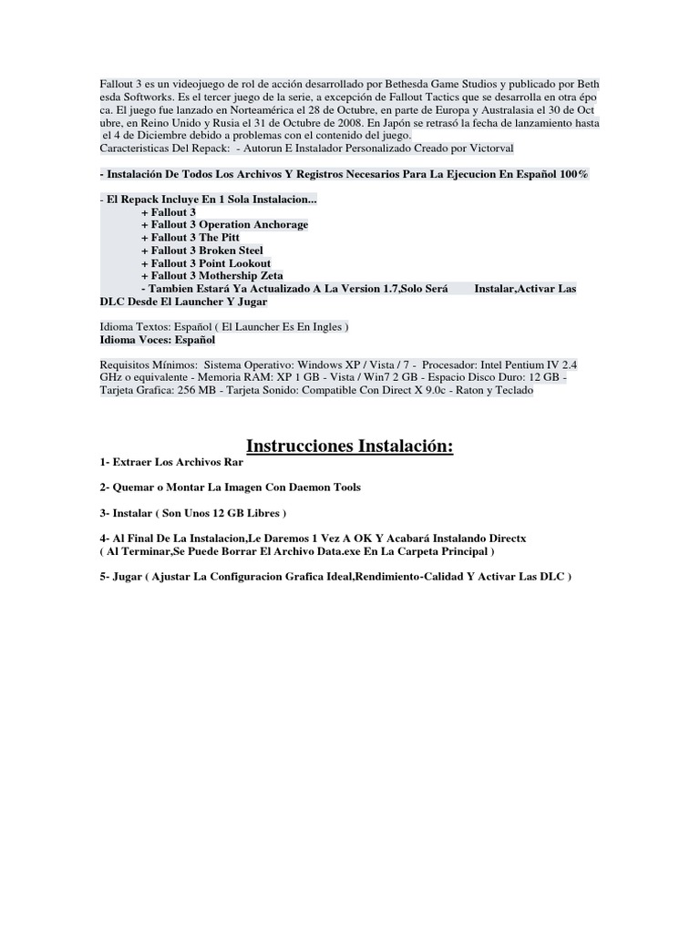Requisitos y Guía de Instalación Fallout 3 | PDF