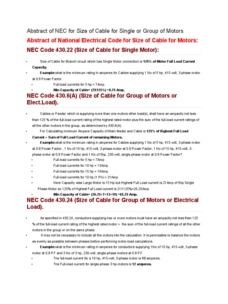 NEC Cable Sizing for Motors | PDF | Electric Current | Manufactured Goods