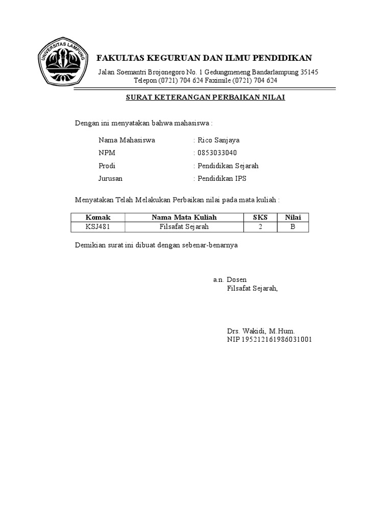 Surat Keterangan Perbaikan Nilai