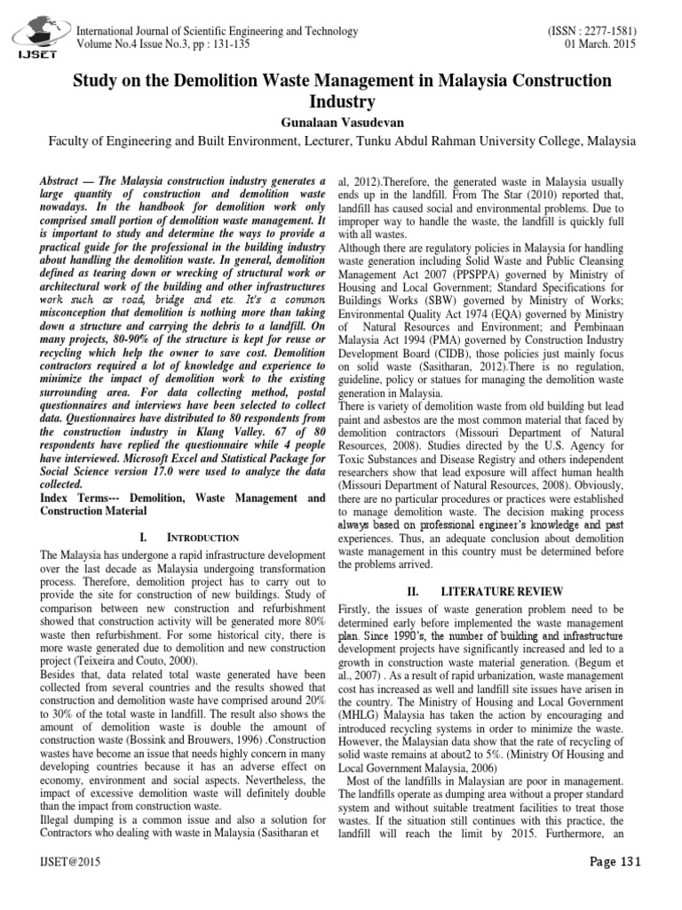Study On The Demolition Waste Management in Malaysia Construction ...