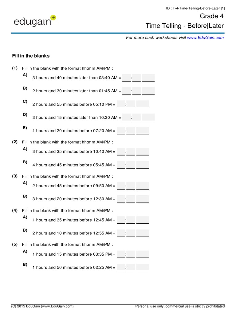 Grade4 Time Telling Before Later PDF | PDF | Career & Growth