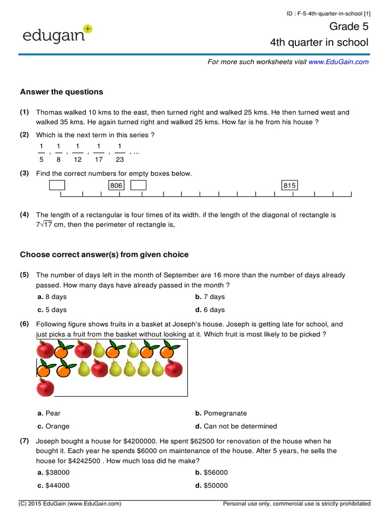 Grade 5 4th Quarter in School: Answer The Questions | PDF | Rectangle ...