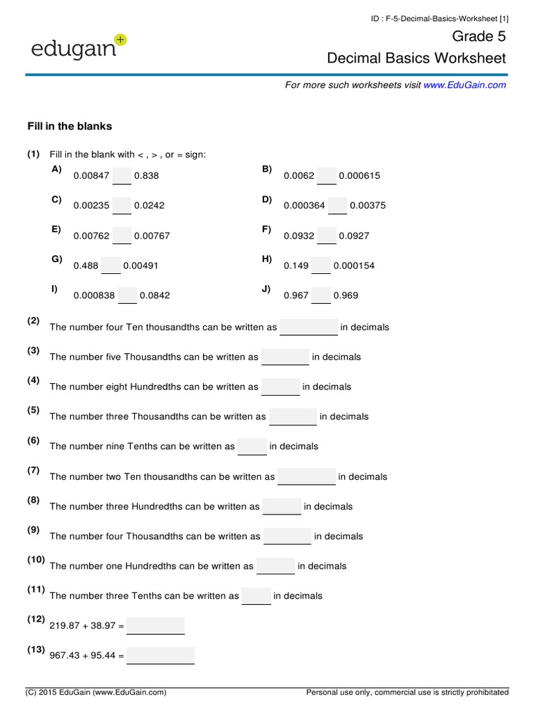 Grade5 Decimal Basics Worksheet PDF | PDF