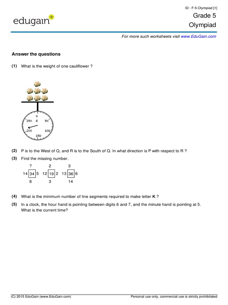 grade5 olympiad pdf teaching mathematics