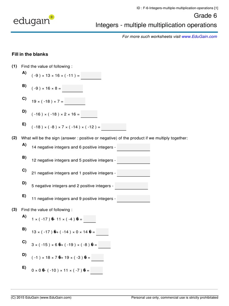 Grade6 Integers Multiple Multiplication Operations PDF | PDF ...