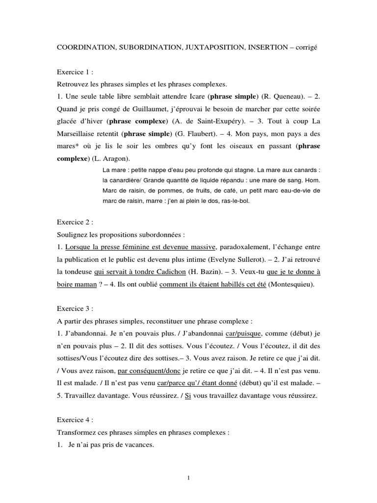 Exercice Phrase Complexe Juxtaposition Coordination Subordination Subordination Cor | PDF | Clause | Phrase