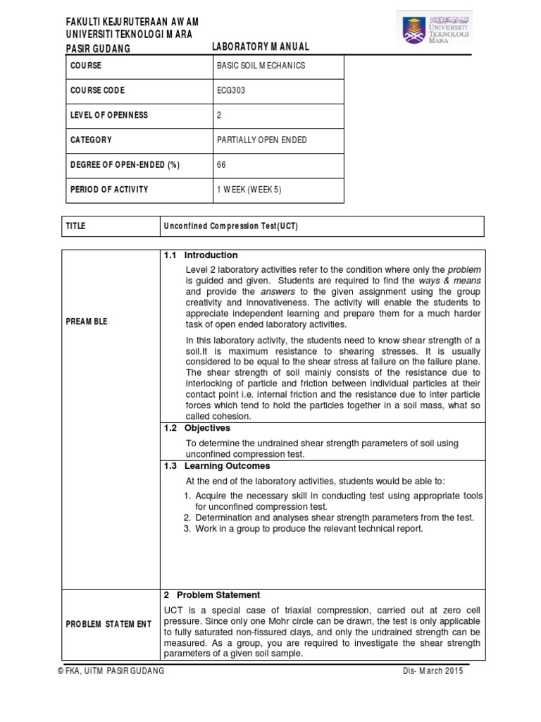 Lab 6 - Unconfined Compression Test | PDF | Soil Mechanics | Strength ...