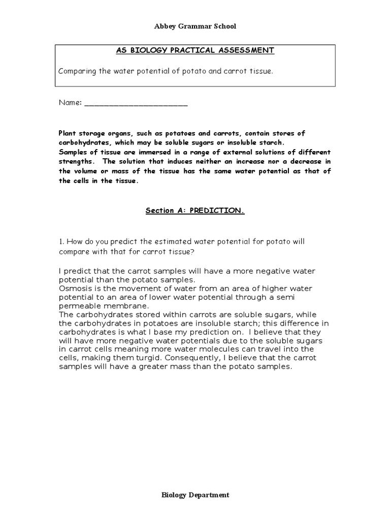 Potato and Carrot As Assessment PDF Osmosis Chemistry