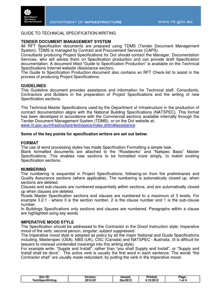 Guide To Tech Spec Writing Specification Technical Standard Phrase