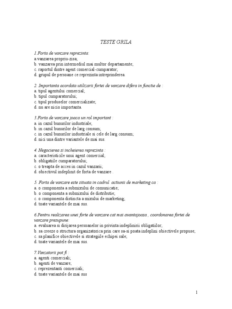 Intrebari Grila - Tehnici de Vanzare