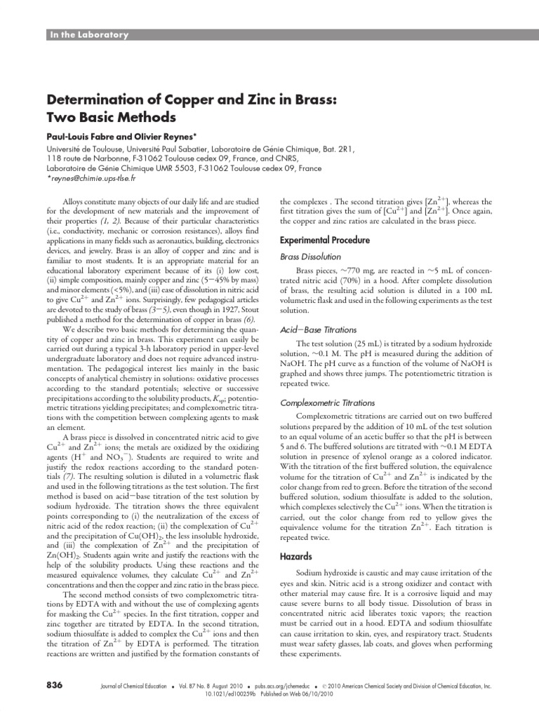 Determination of Copper and Zinc in Brass Two Basic Methods PDF