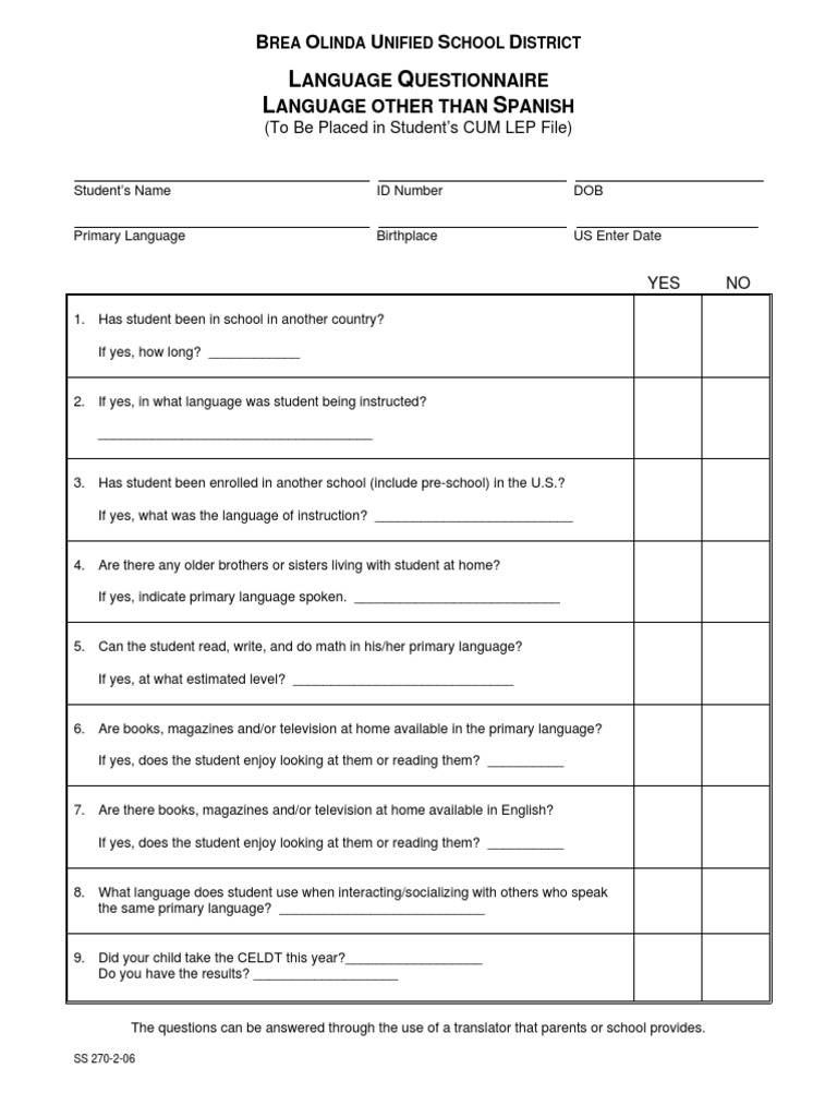 Brea Olinda School Language Questionnaire | PDF