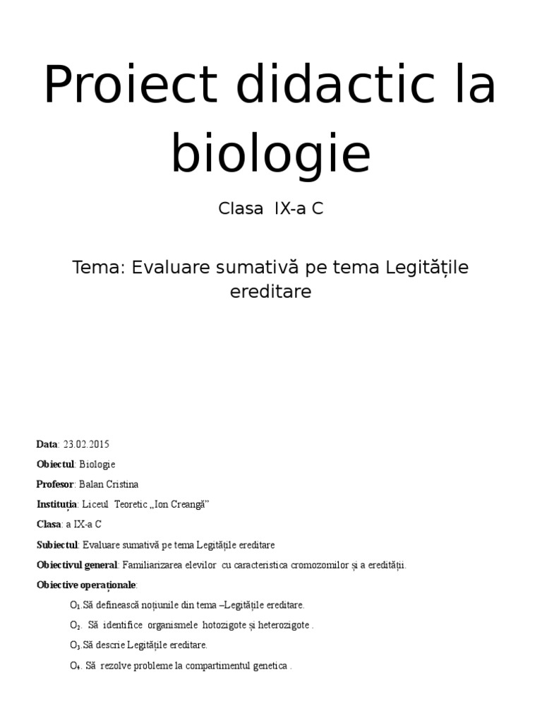 Proiect Didactic La Biologie
