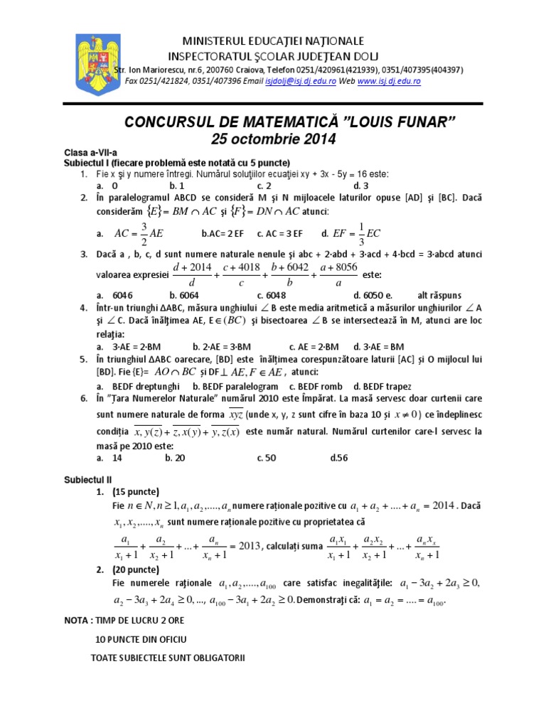 2015 - Matematica - Concursul 'Louis Funar' (Craiova) - Clasa A VII-a ...