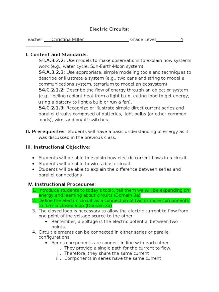 Electric Circuits Lesson Plan PDF Series And Parallel Circuits Force