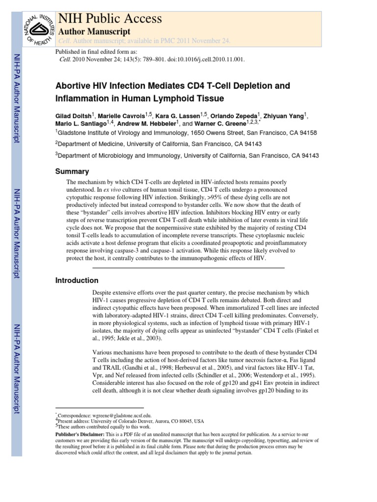 Abortive HIV Infection Mediates CD4 T-Cell Depletion and Inflammation ...