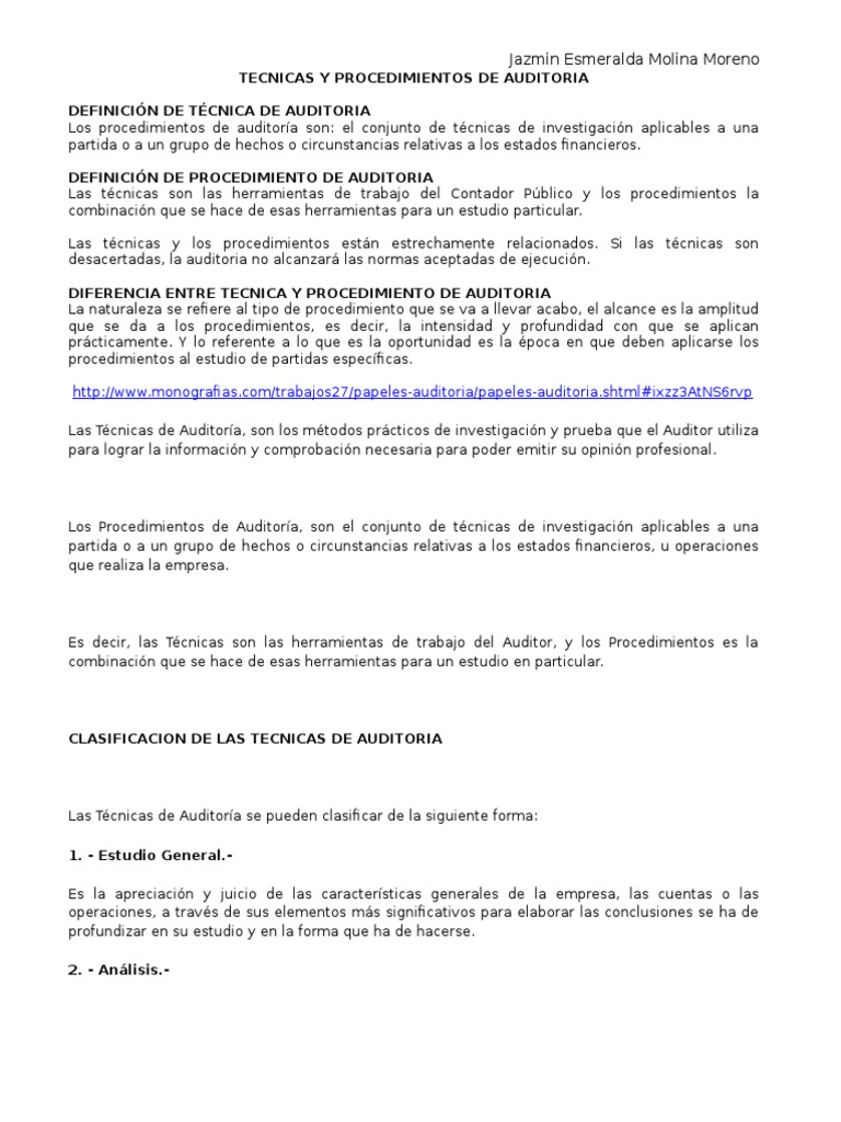 Tecnicas y Procedimientos de Auditoria | PDF | Auditoría financiera ...