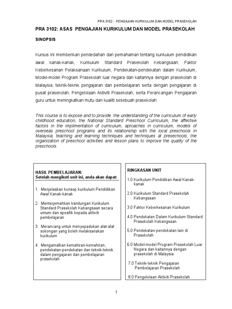 Asas Pengajian Kurikulum Dan Model Prasekolah 1 Pdf