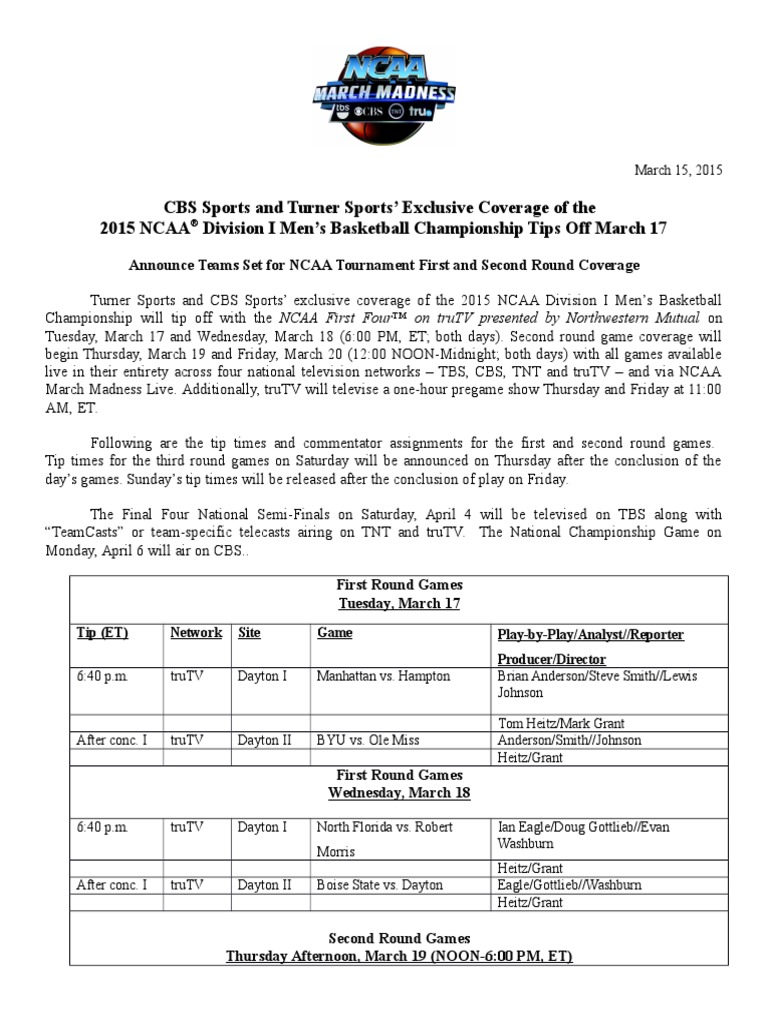 March Madness 2015 Coverage PDF American Television Networks Broadcasting Companies Of The